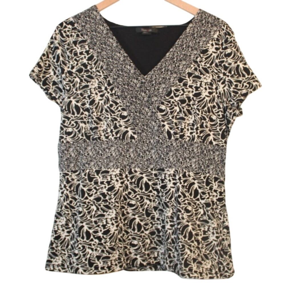 Style & Co Women’s XL Black White Floral‎ V-Neck Empire Waist Short Sleeve Top